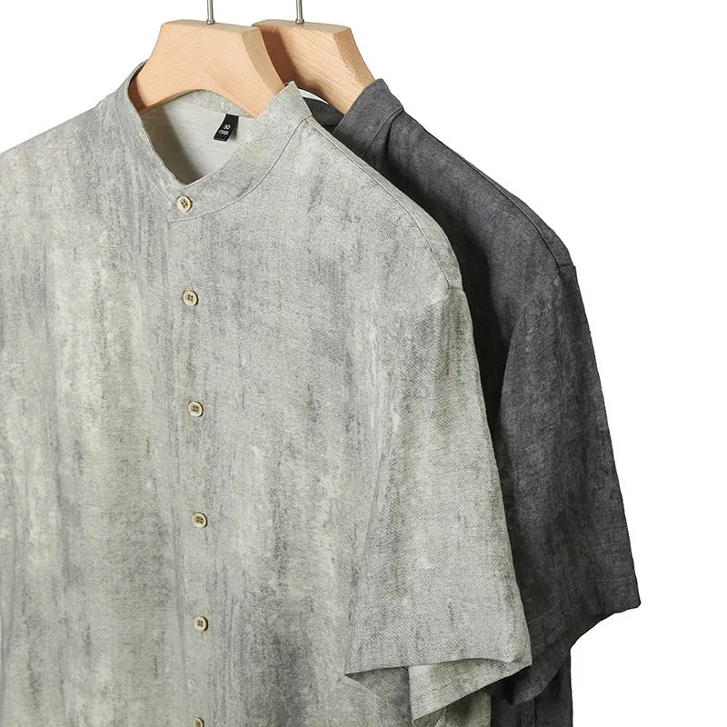 Men's loose-fit linen-look cardigan-style shirt in a viscose blend, shown in black and grey.