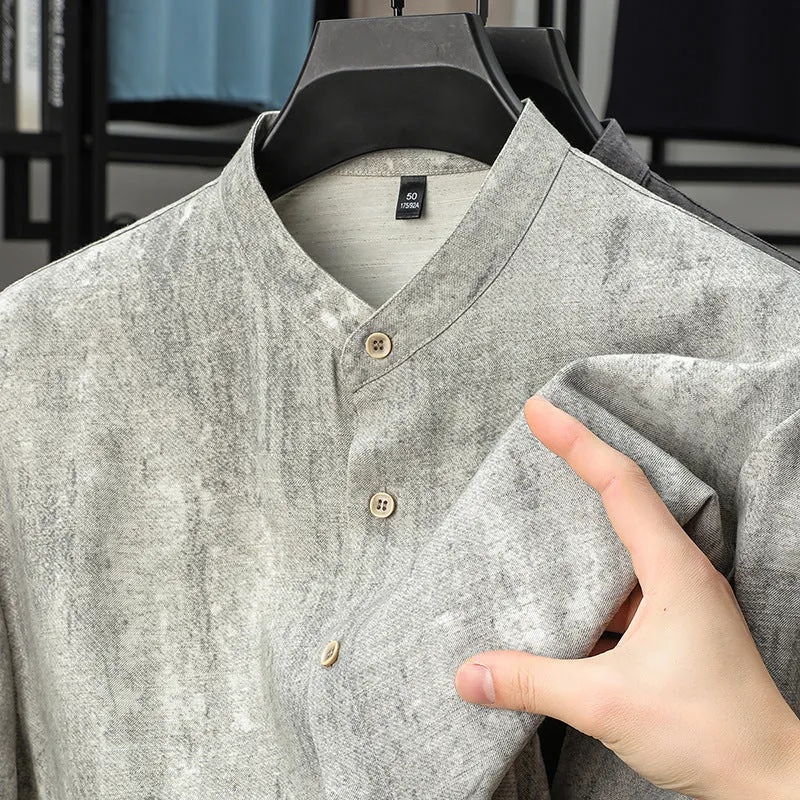 Men's loose-fit linen-look cardigan-style shirt in a viscose blend, shown in black and grey.