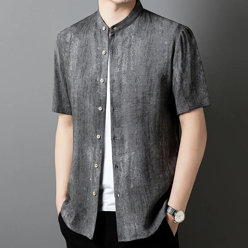 Men's loose-fit linen-look cardigan-style shirt in a viscose blend, shown in black and grey.