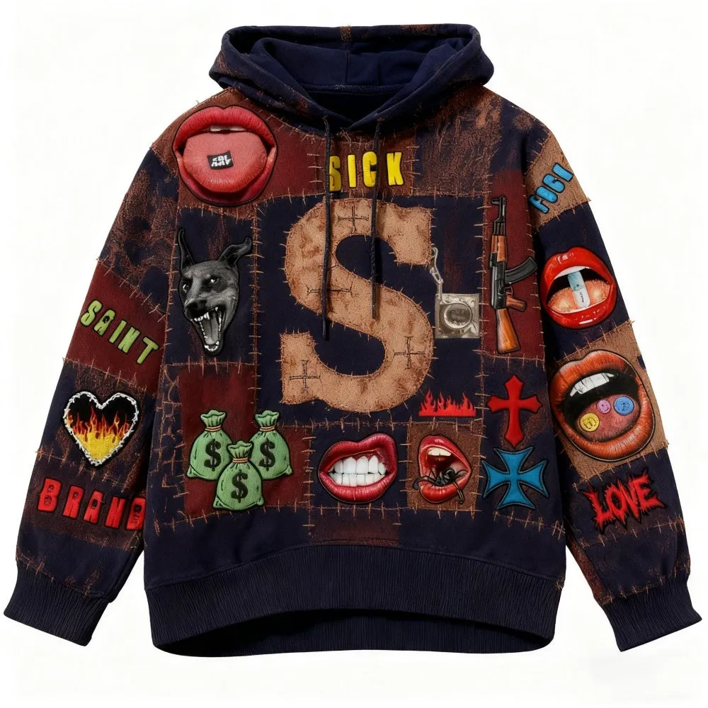 Men's printed long-sleeved hooded sweatshirt pullover in black, front view, sizes XS to 3XL