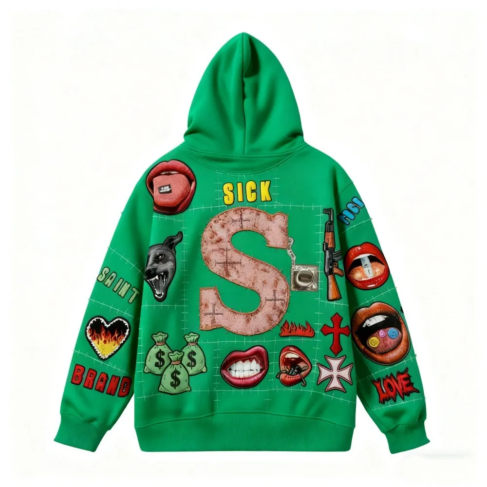 Men's printed long-sleeved hooded sweatshirt pullover in black, front view, sizes XS to 3XL