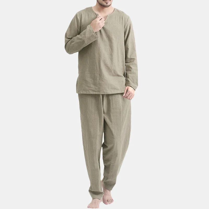 Casual cotton blend pajama set in white, two-piece, loose fit, long sleeves, thin breathable fabric