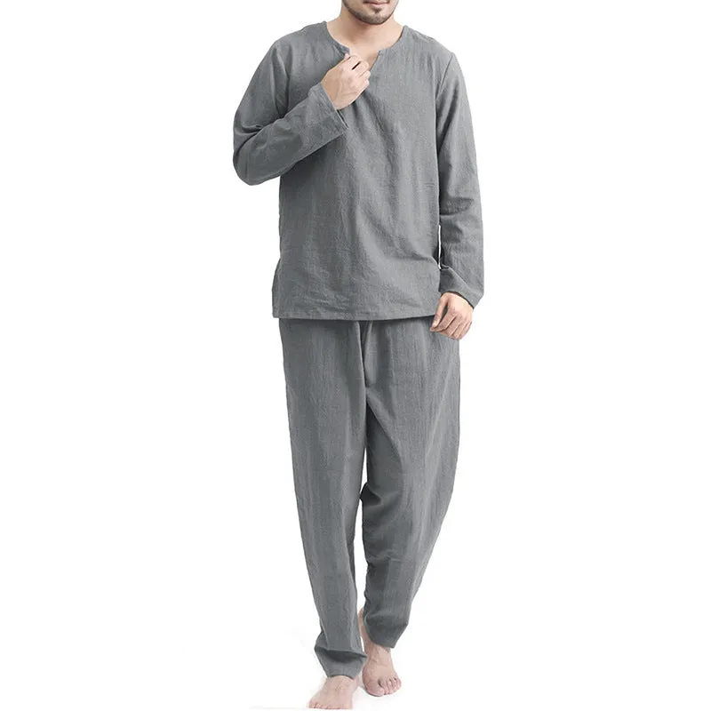 Casual cotton blend pajama set in white, two-piece, loose fit, long sleeves, thin breathable fabric