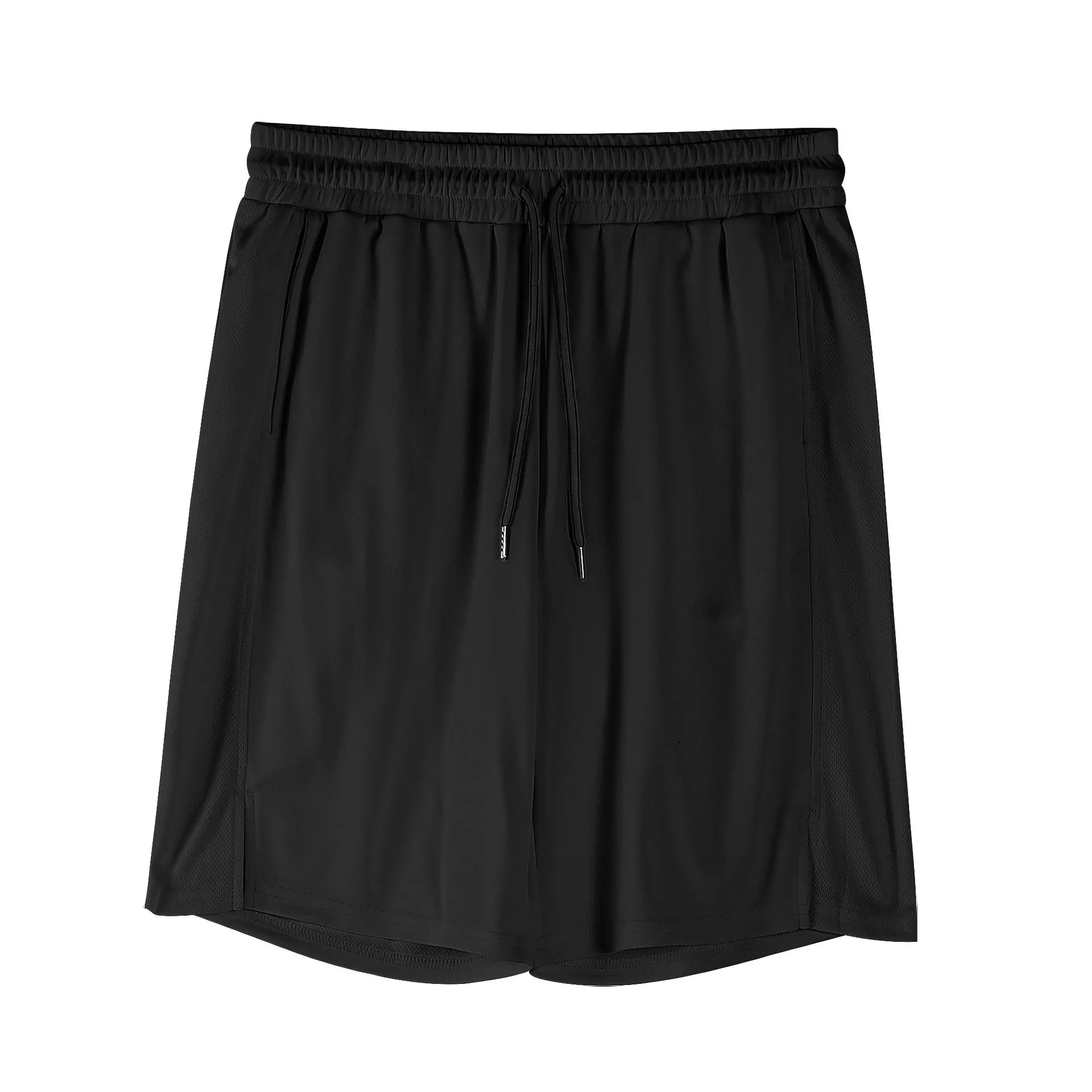 Men's black quick-dry mesh sports shorts with an elastic waistband on a white background.