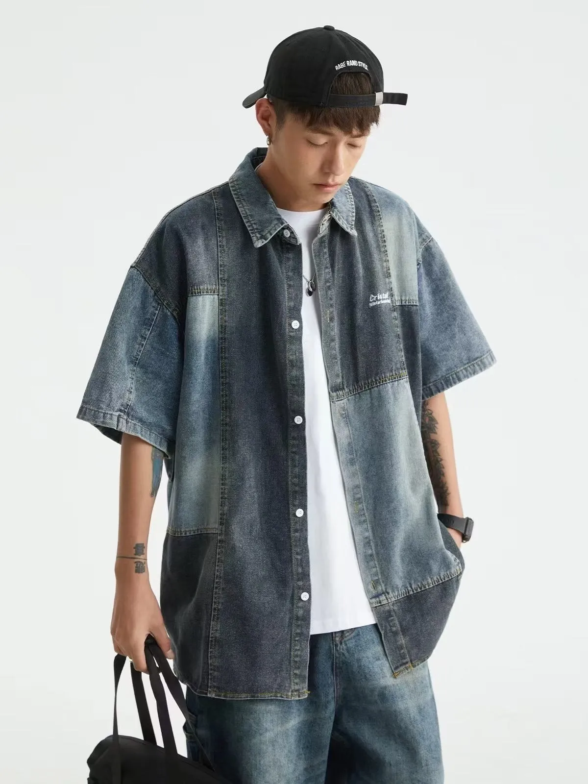 Men's blue Japanese-style retro denim shirt with washed stitching and loose cardigan fit
