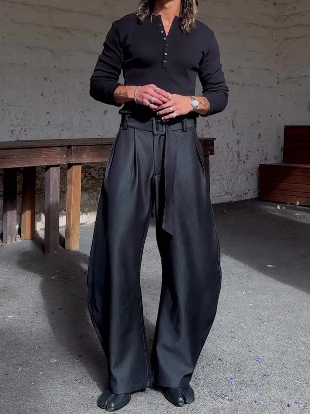 Black oversized high-waisted wide-leg pants with belt, full-length casual trousers