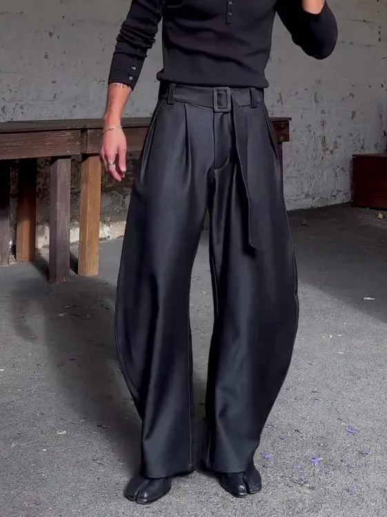 Black oversized high-waisted wide-leg pants with belt, full-length casual trousers