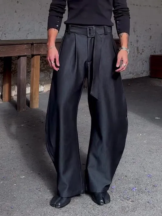 Black oversized high-waisted wide-leg pants with belt, full-length casual trousers