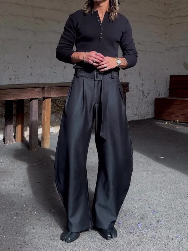 Black oversized high-waisted wide-leg pants with belt, full-length casual trousers