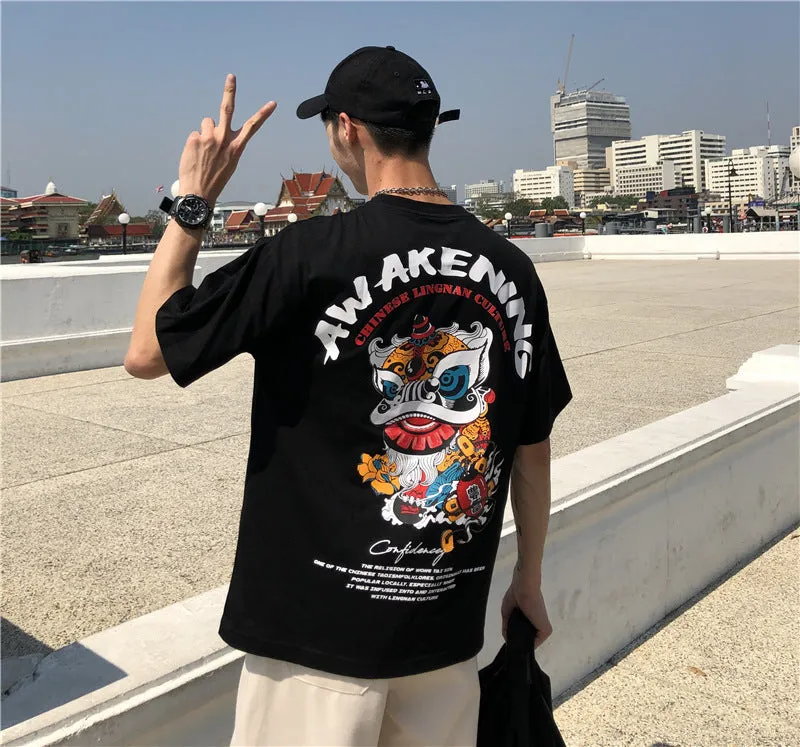 Men's loose fit short sleeve T-shirt with cartoon print, round neck, white colour, front view