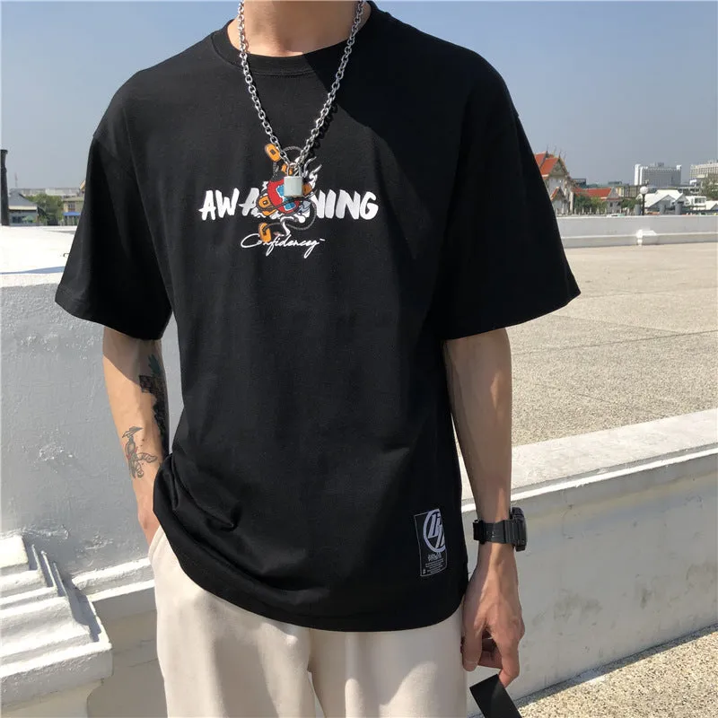 Men's loose fit short sleeve T-shirt with cartoon print, round neck, white colour, front view