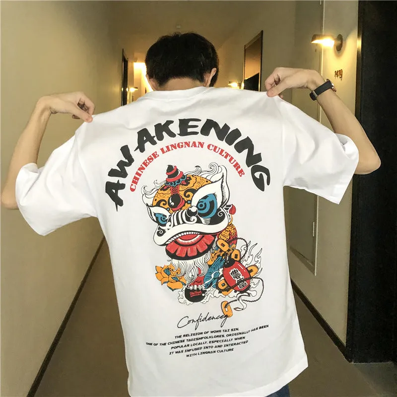 Men's loose fit short sleeve T-shirt with cartoon print, round neck, white colour, front view