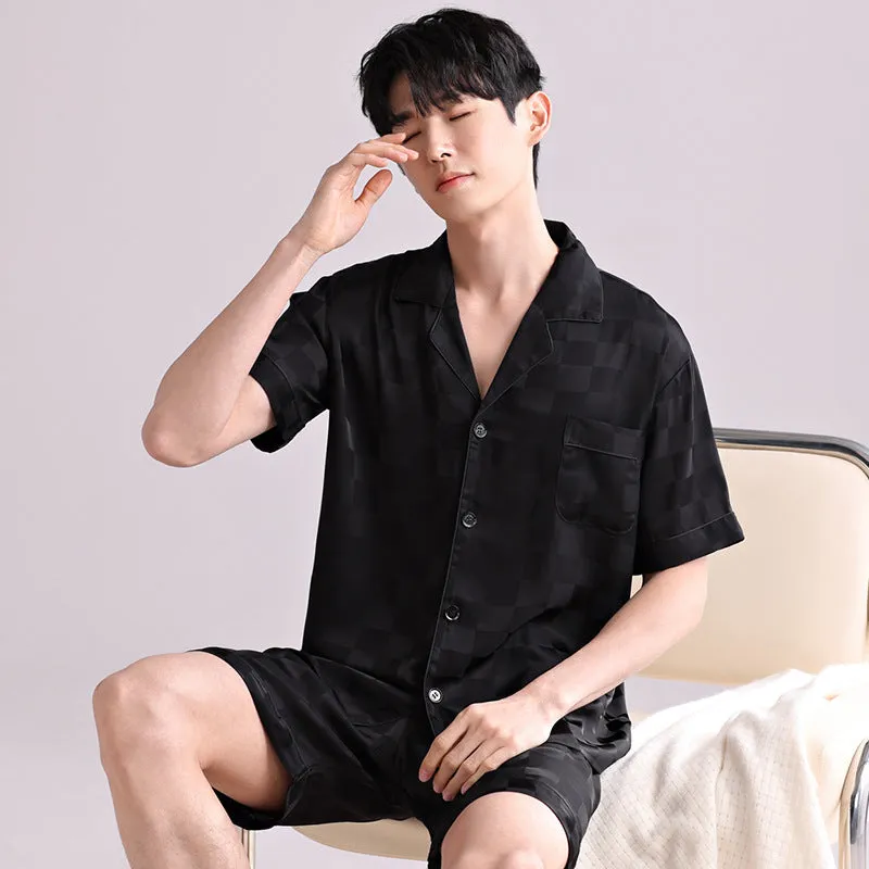 Men's light grey ice silk pajama set with cardigan top and shorts in satin jacquard pattern