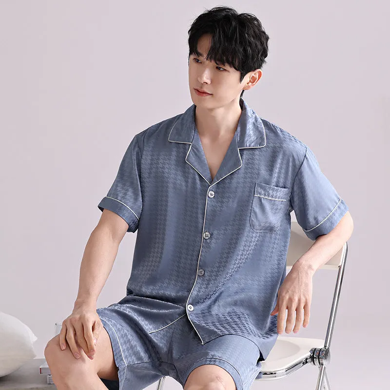 Men's light grey ice silk pajama set with cardigan top and shorts in satin jacquard pattern