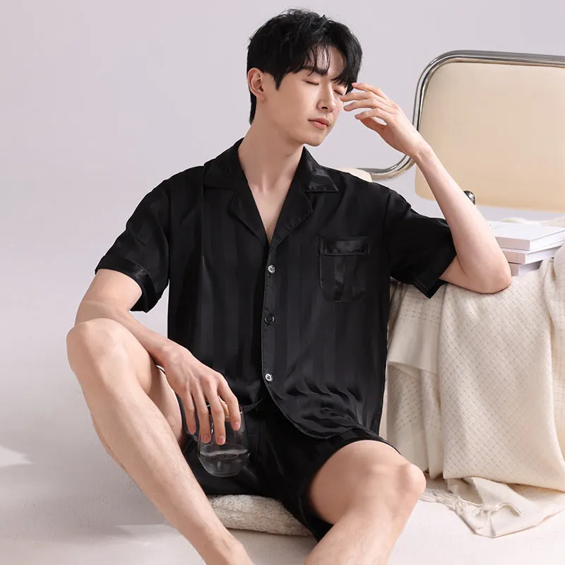 Men's light grey ice silk pajama set with cardigan top and shorts in satin jacquard pattern
