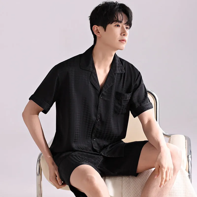 Men's light grey ice silk pajama set with cardigan top and shorts in satin jacquard pattern
