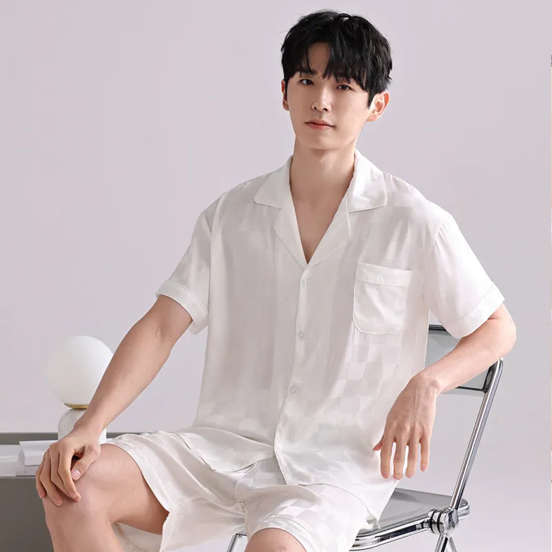 Men's light grey ice silk pajama set with cardigan top and shorts in satin jacquard pattern