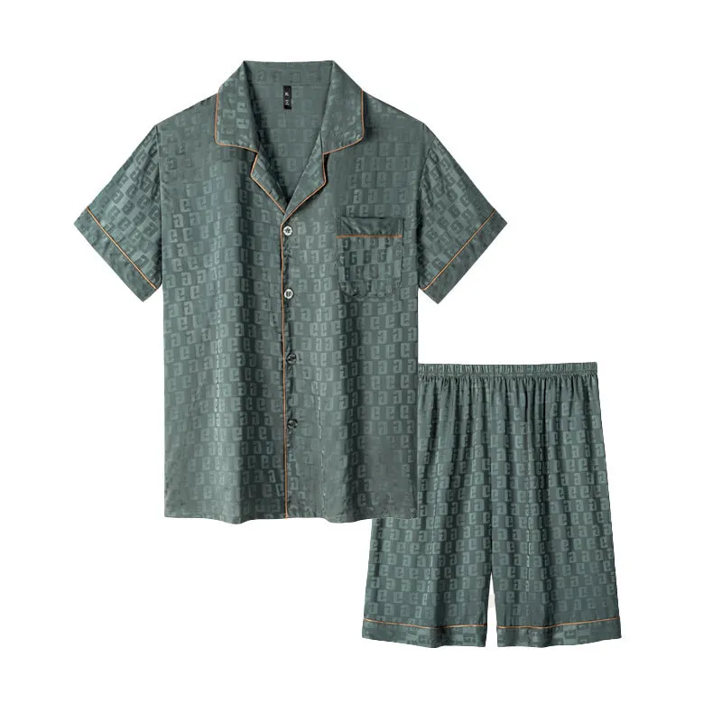 Men's light grey ice silk pajama set with cardigan top and shorts in satin jacquard pattern