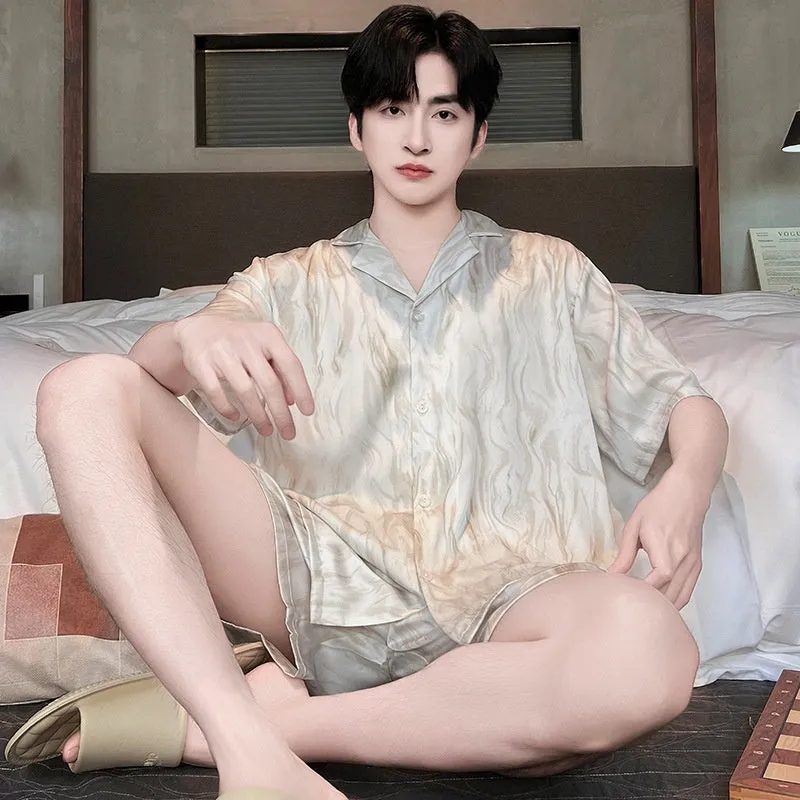 Men's light grey ice silk pajama set with cardigan top and shorts in satin jacquard pattern