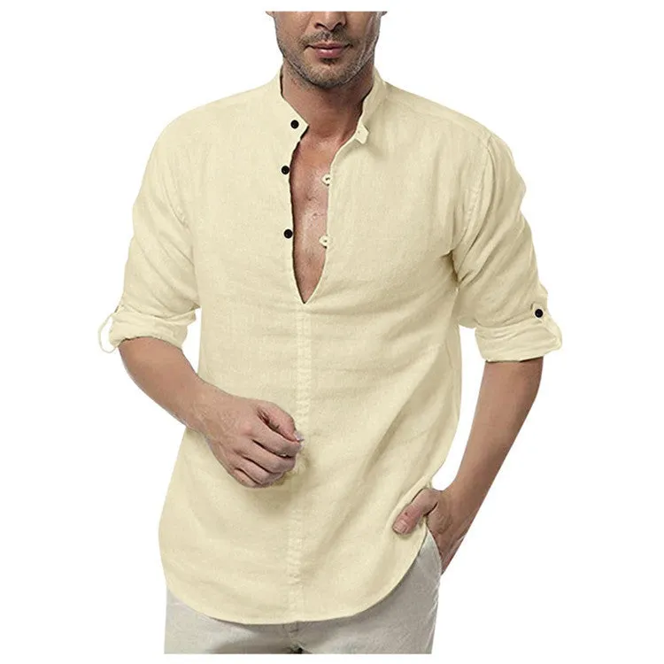 Men's fashion long sleeve V neck casual shirt in polyester, apricot colour, front view
