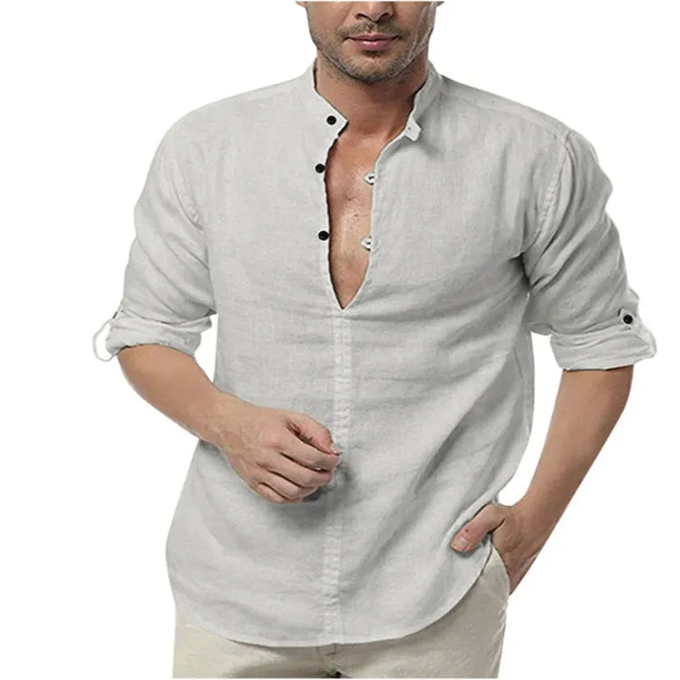 Men's fashion long sleeve V neck casual shirt in polyester, apricot colour, front view