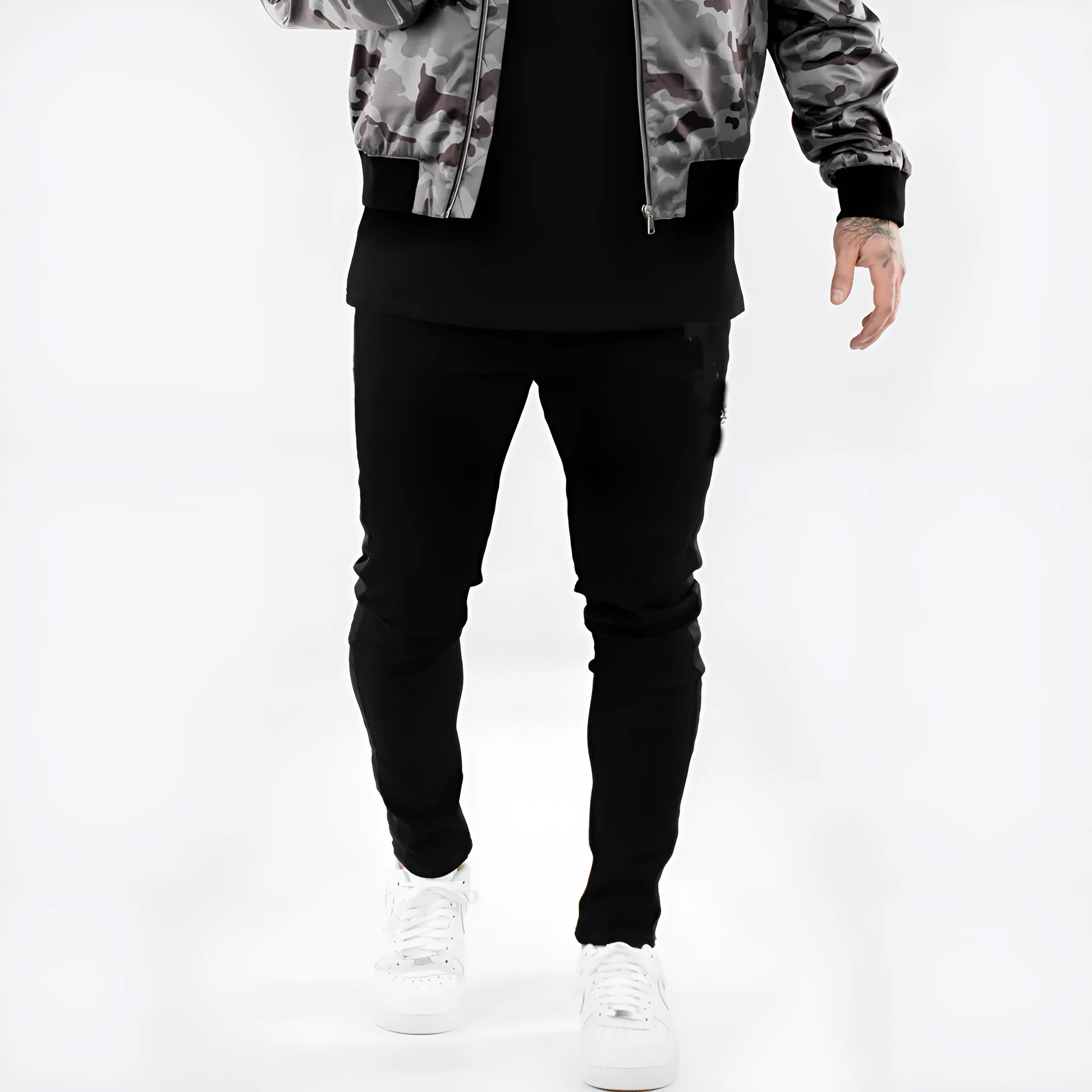 Men's ripped black slim-fit high waist cotton denim trousers with elastic waist