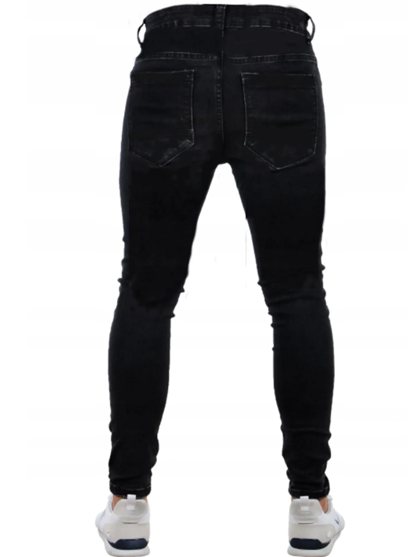 Men's ripped black slim-fit high waist cotton denim trousers with elastic waist