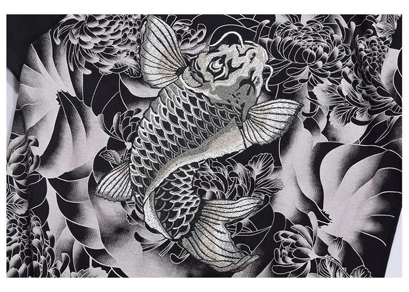 Chinese style embroidered T-shirt with squid tattoo design, pure cotton, loose fit, round neck, short sleeves, black colour