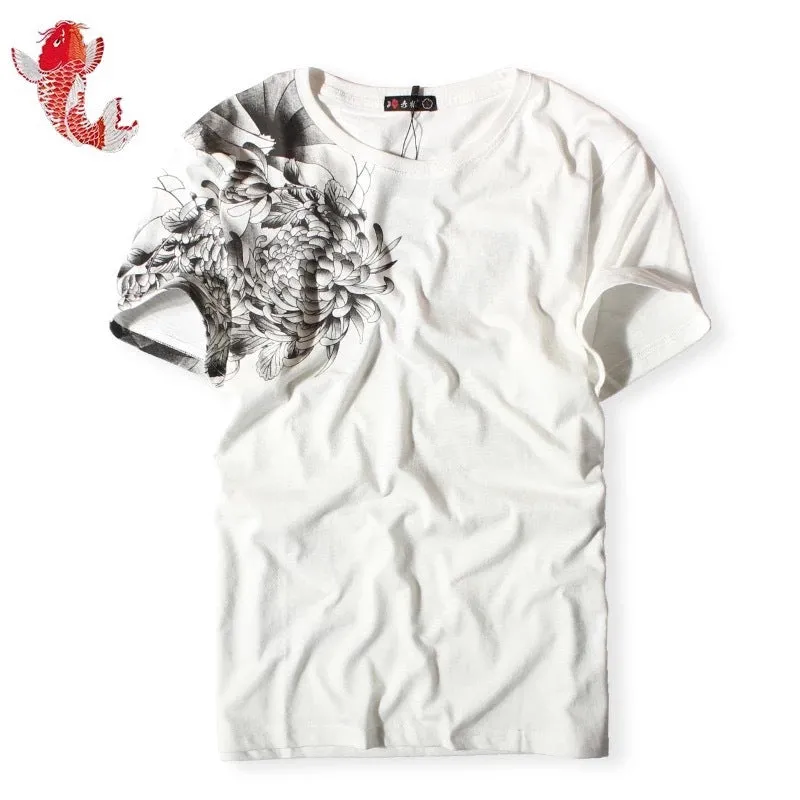 Chinese style embroidered T-shirt with squid tattoo design, pure cotton, loose fit, round neck, short sleeves, black colour