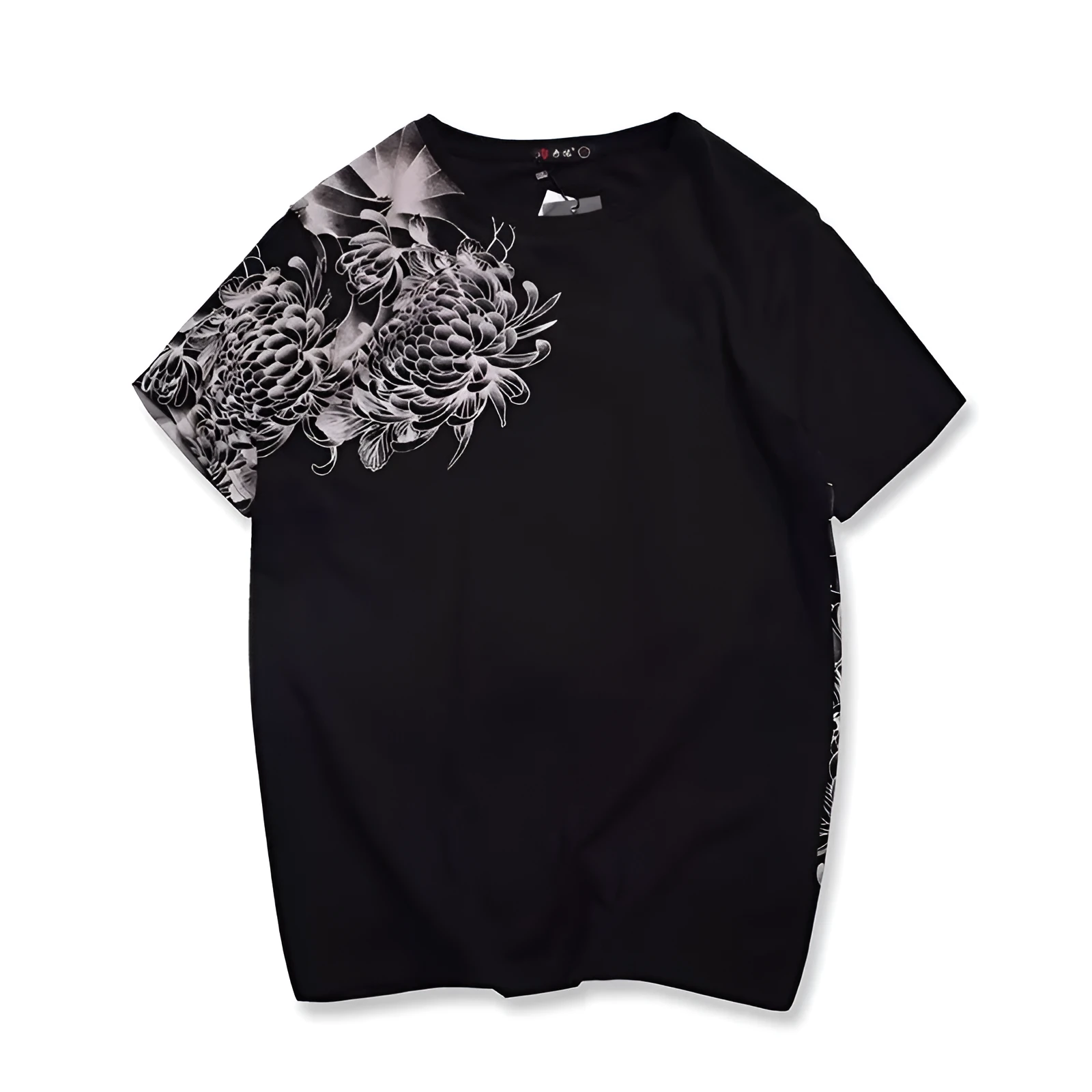Chinese style embroidered T-shirt with squid tattoo design, pure cotton, loose fit, round neck, short sleeves, black colour