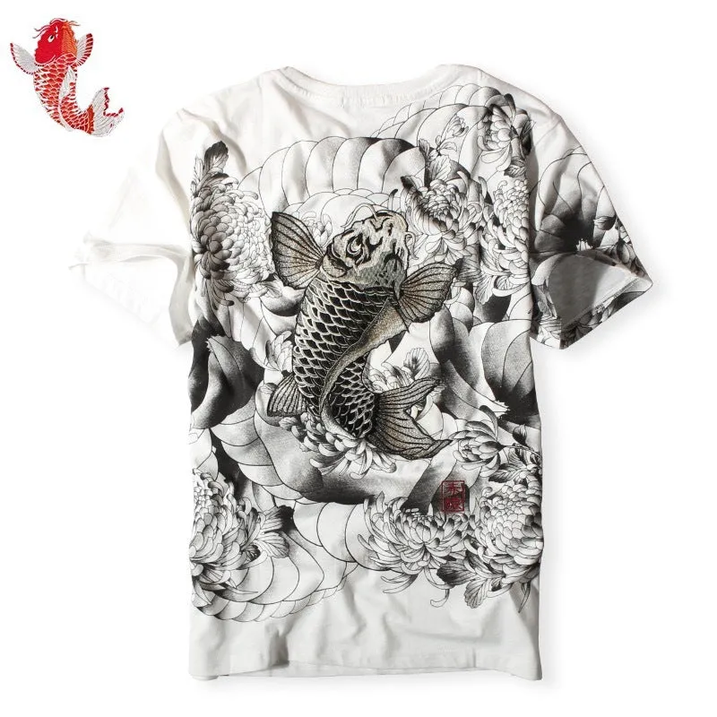 Chinese style embroidered T-shirt with squid tattoo design, pure cotton, loose fit, round neck, short sleeves, black colour