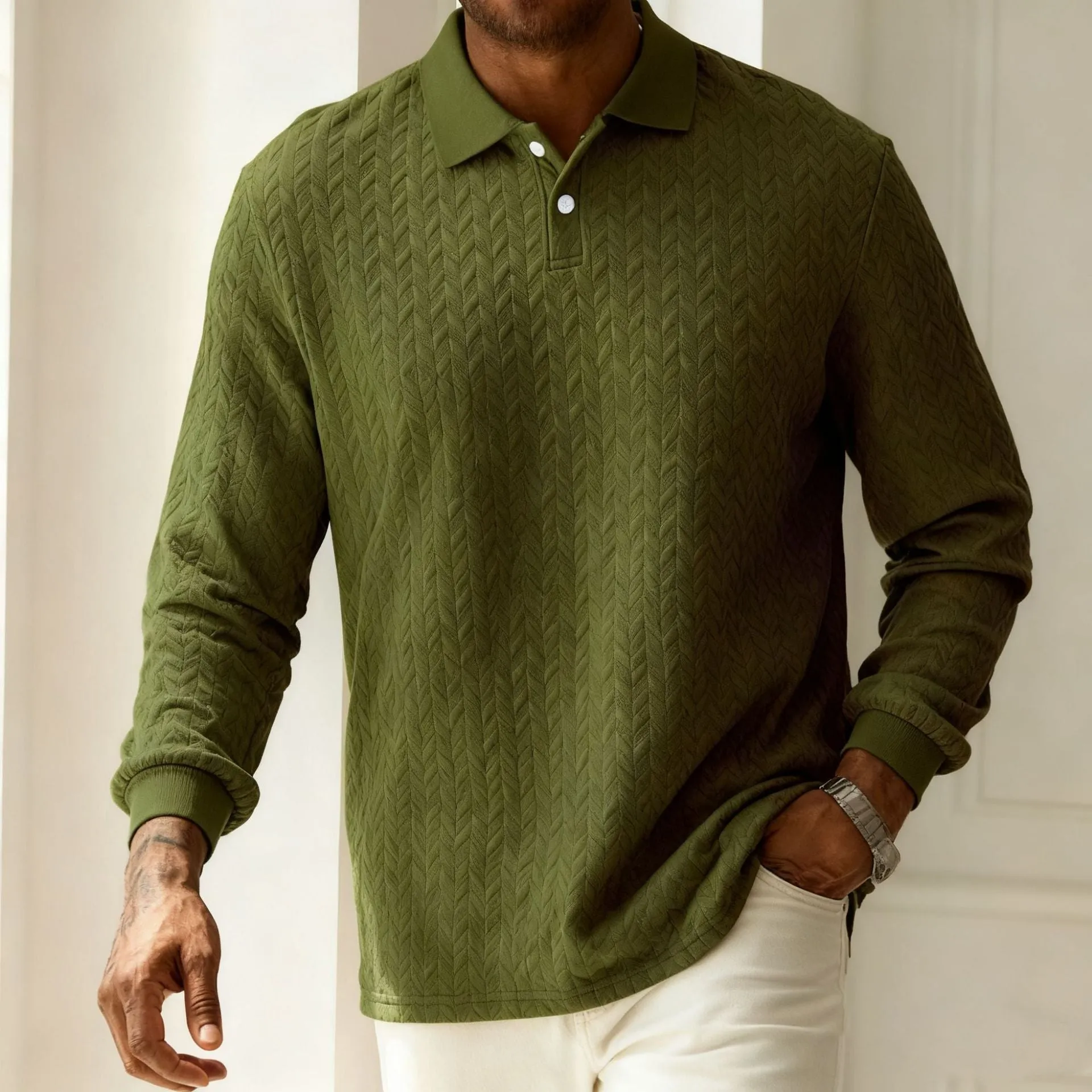 Men's solid colour lapel button-front long sleeve top in army green, front view