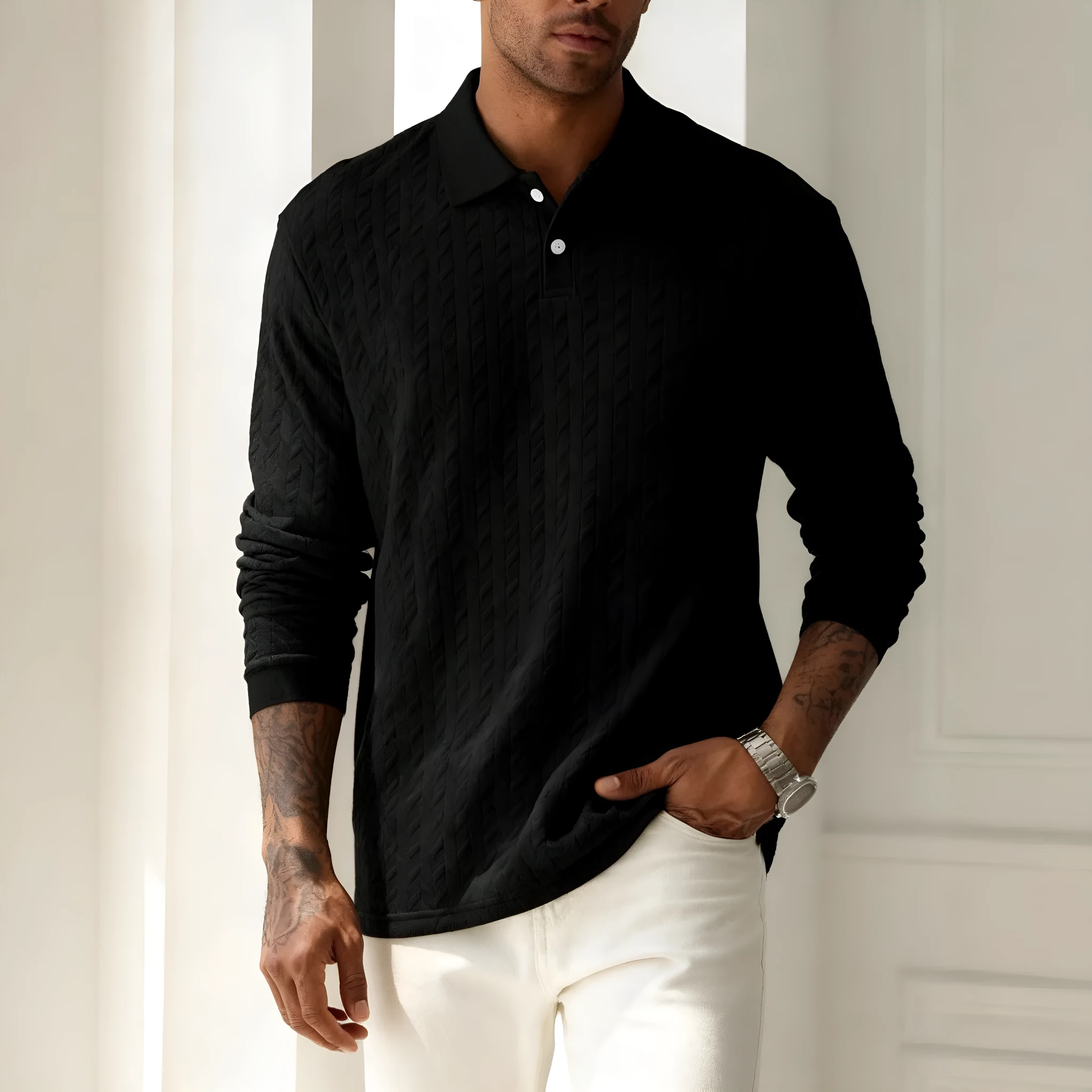 Men's solid colour lapel button-front long sleeve top in army green, front view