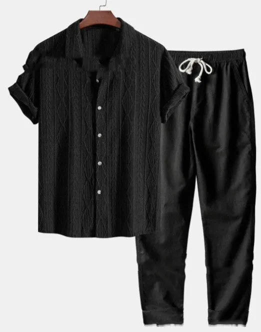 Men's loose short sleeve shirt and trousers suit in milk silk fabric for summer leisure