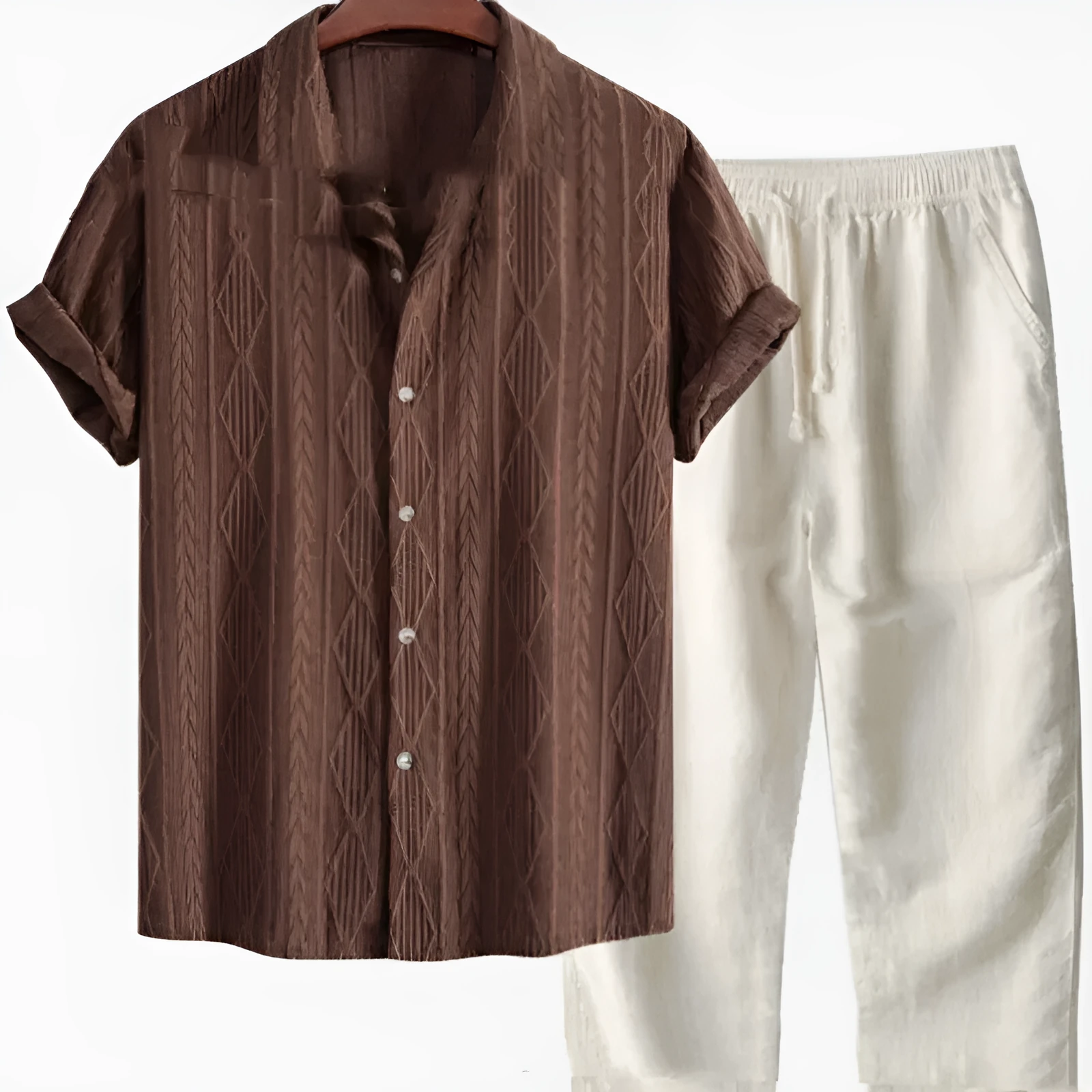 Men's loose short sleeve shirt and trousers suit in milk silk fabric for summer leisure