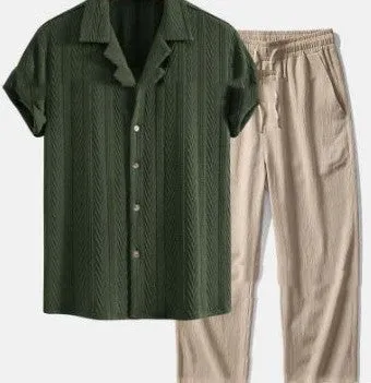Men's loose short sleeve shirt and trousers suit in milk silk fabric for summer leisure