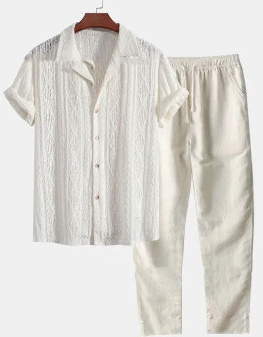 Men's loose short sleeve shirt and trousers suit in milk silk fabric for summer leisure