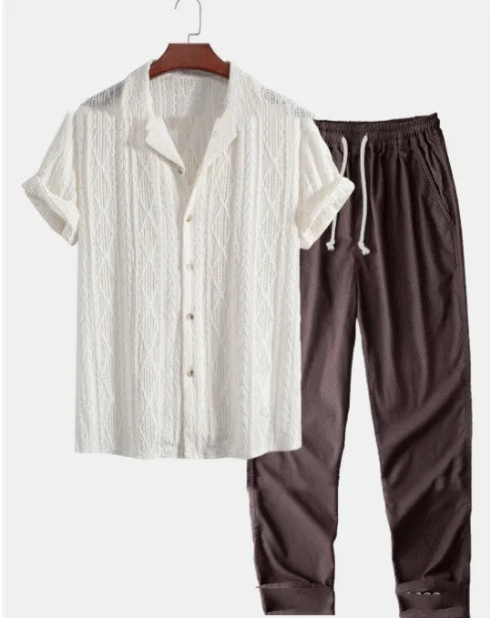 Men's loose short sleeve shirt and trousers suit in milk silk fabric for summer leisure