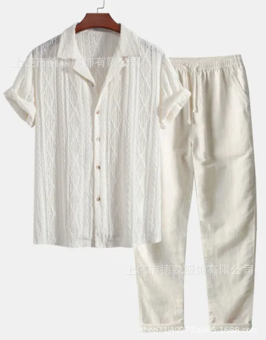 Men's loose short sleeve shirt and trousers suit in milk silk fabric for summer leisure