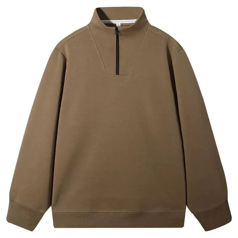 Solid colour polyester loose fit stand collar zip-up sweatshirt for men in black