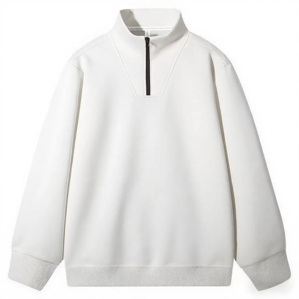 Solid colour polyester loose fit stand collar zip-up sweatshirt for men in black