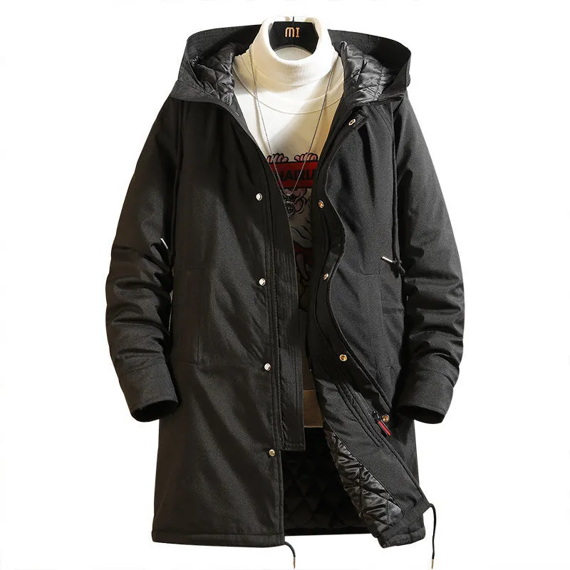 Men's hooded mid-length polyester coat in black with acetate lining on male model