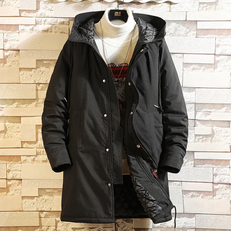 Men's hooded mid-length polyester coat in black with acetate lining on male model