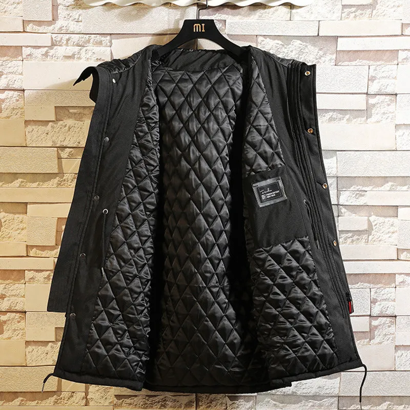 Men's hooded mid-length polyester coat in black with acetate lining on male model