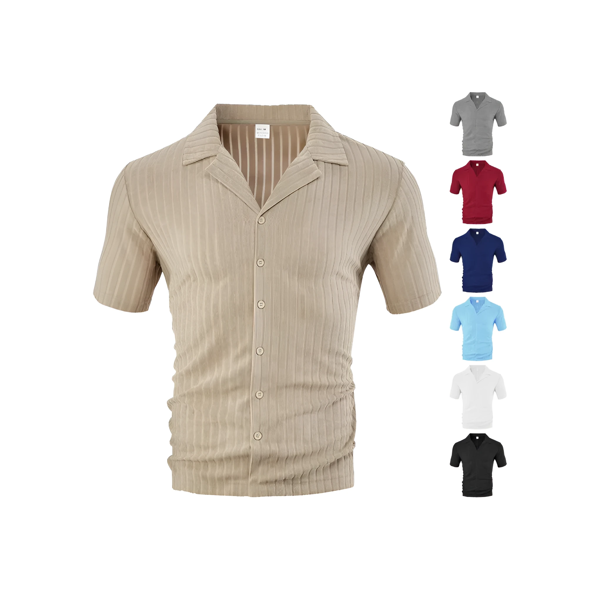 Men's loose casual short sleeve polyester cardigan in khaki lapel design on white background