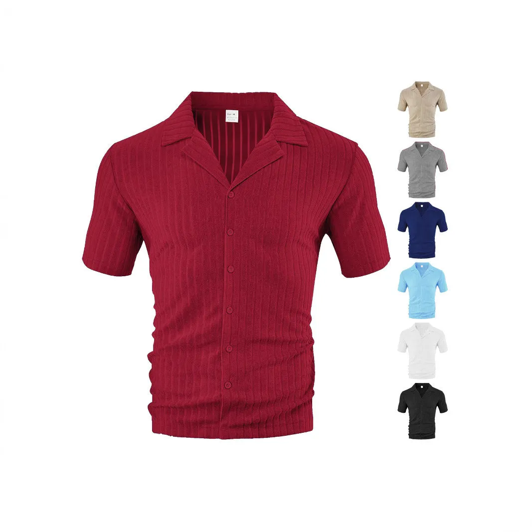 Men's loose casual short sleeve polyester cardigan in khaki lapel design on white background