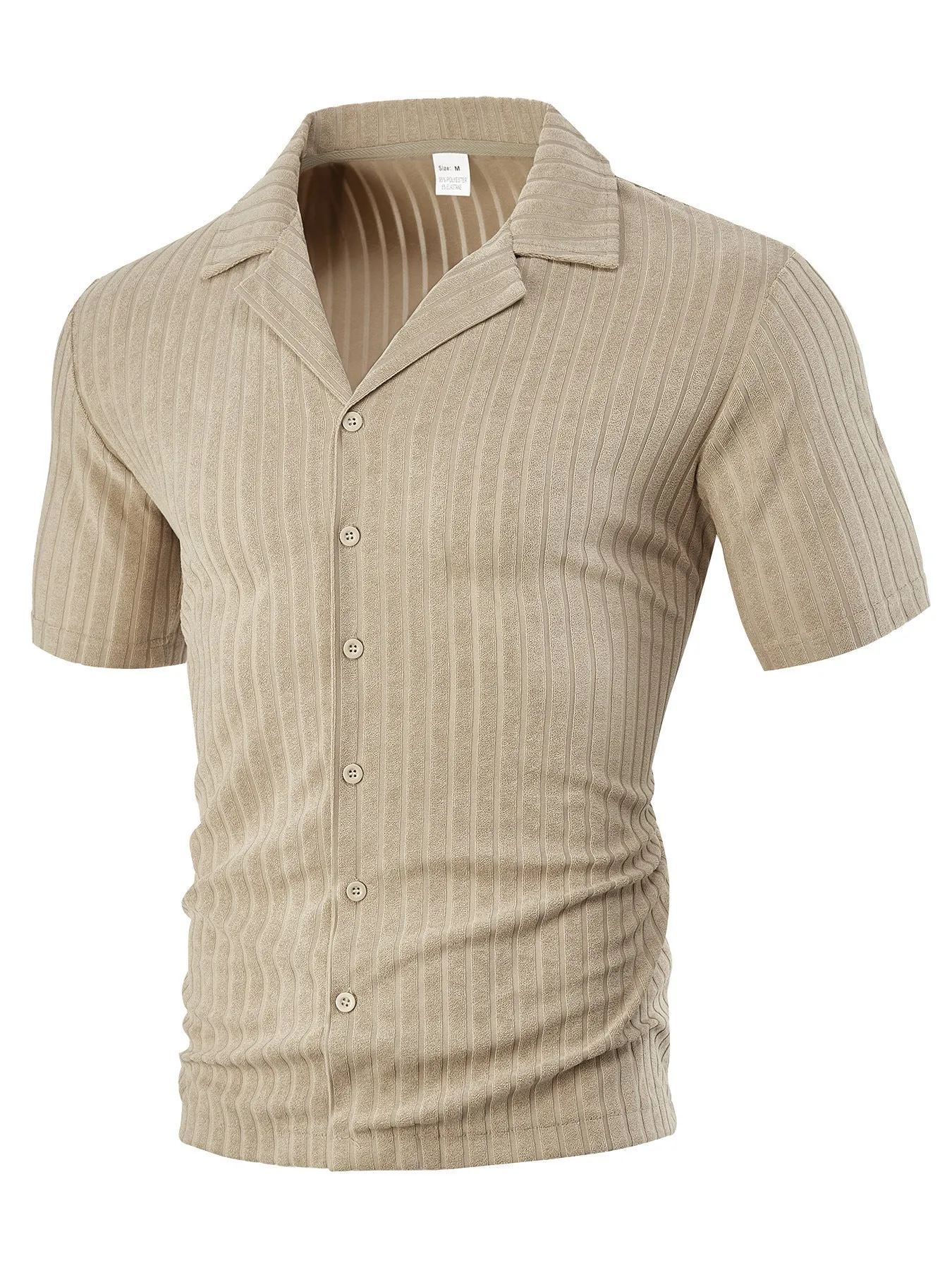 Men's loose casual short sleeve polyester cardigan in khaki lapel design on white background