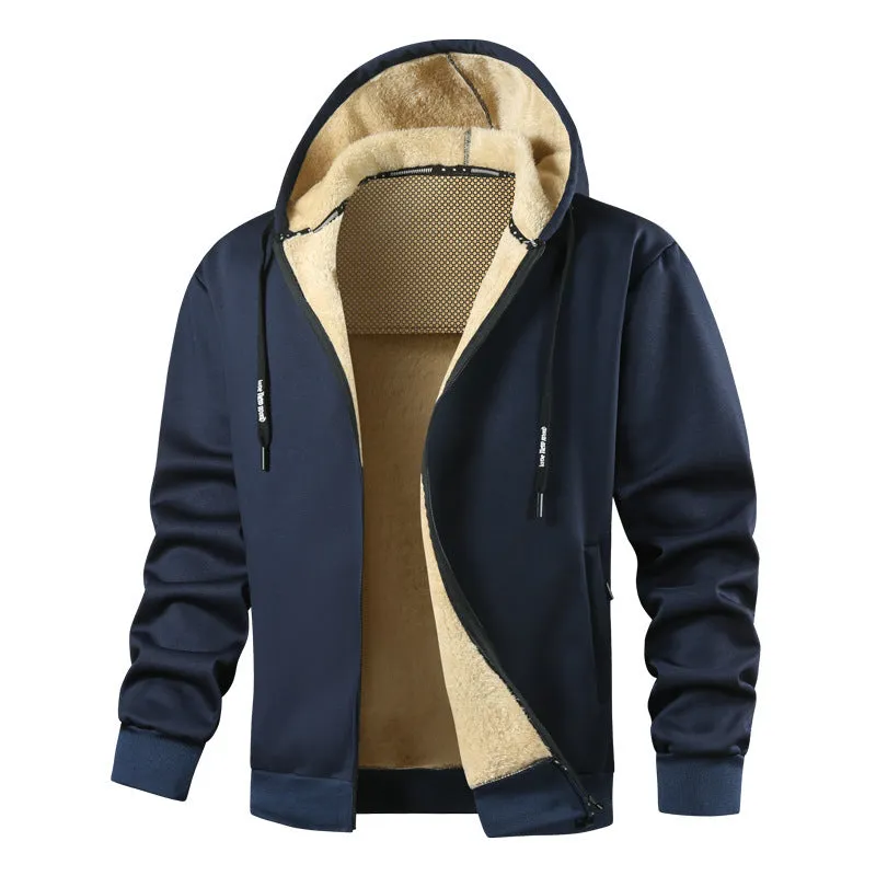 Men's fleece-lined hooded sweatshirt in loose cardigan style with side pockets, black colour