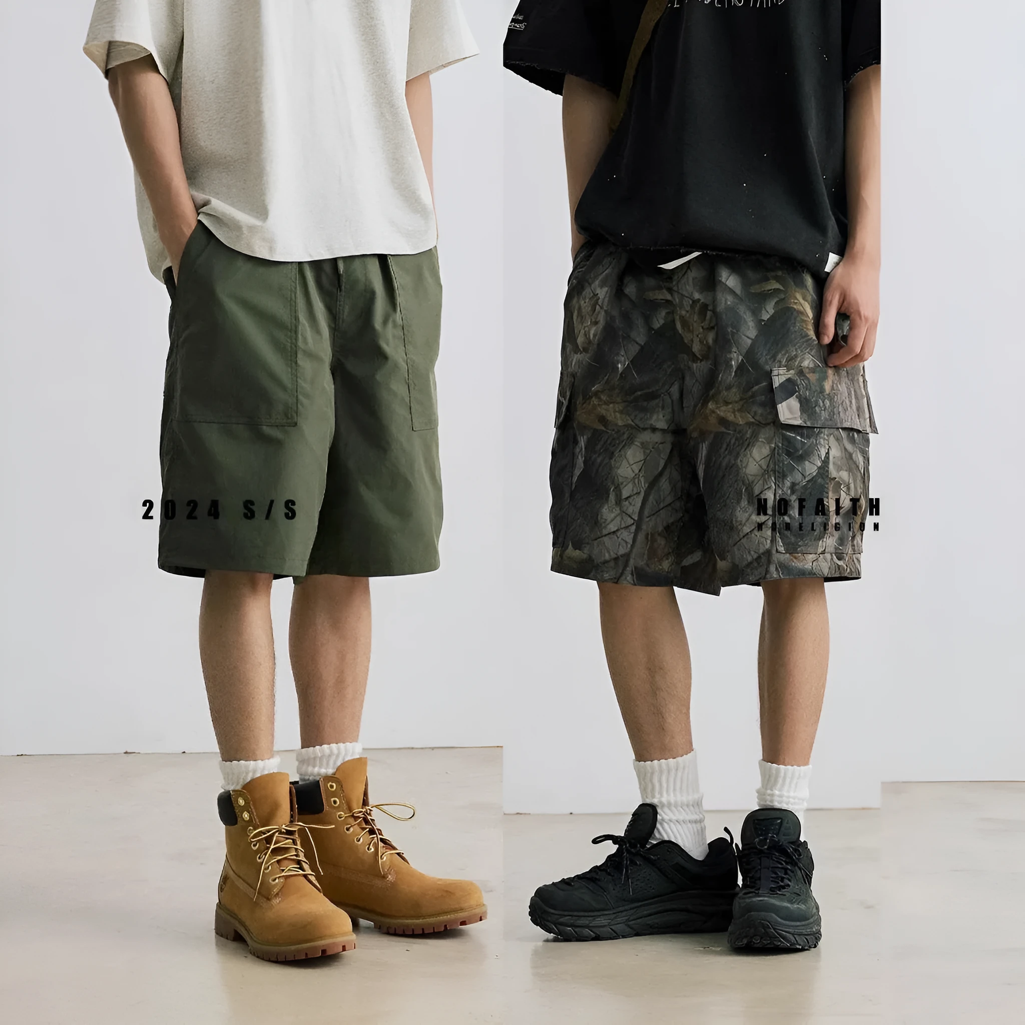Men's loose fit denim shorts in army green with an elasticated waistband and straight leg.