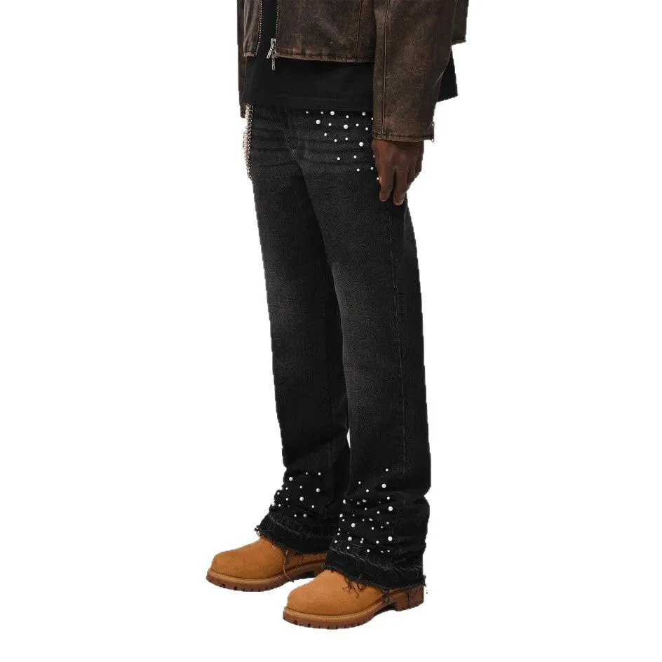 Men's street fashion elastic diamond denim straight-leg pants in light blue and black, cotton, sizes S to XL